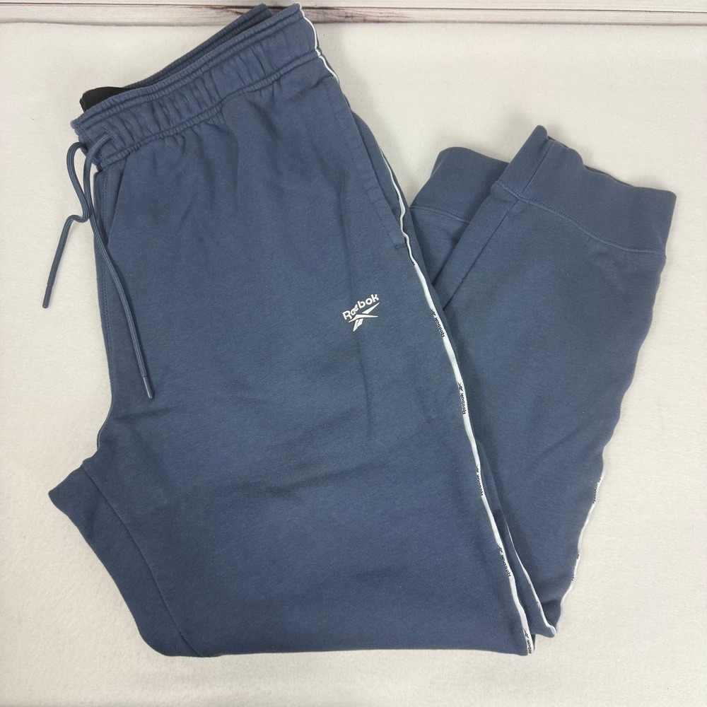 Reebok‎ Mens Jogger Sweatpants Blue White Logo Tape Elastic Waist Drawstring XL